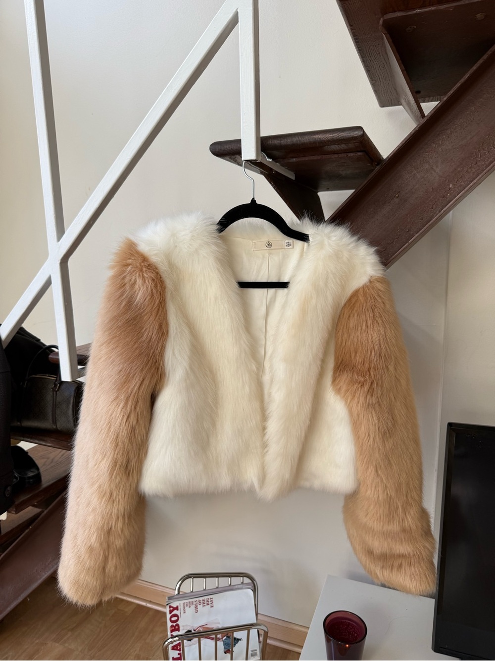 Missguided Cream & Tan Faux Fur Colorblock Jacket